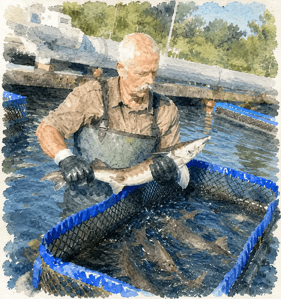 Sturgeon farmer caring for a young fish