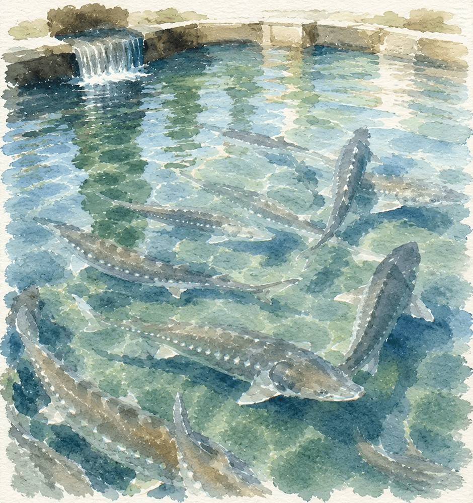 Sturgeon maturing in clear aquaculture water