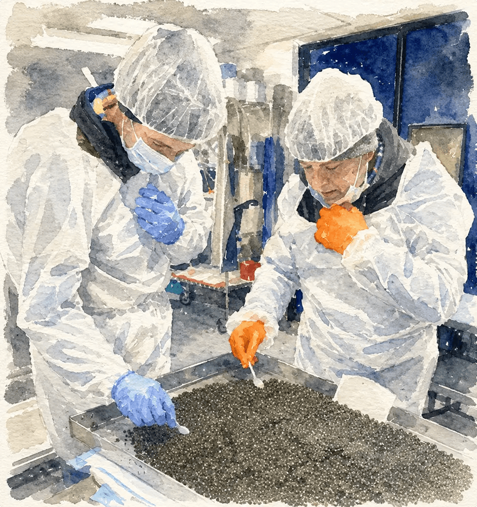 Caviar specialists inspecting a mature harvest