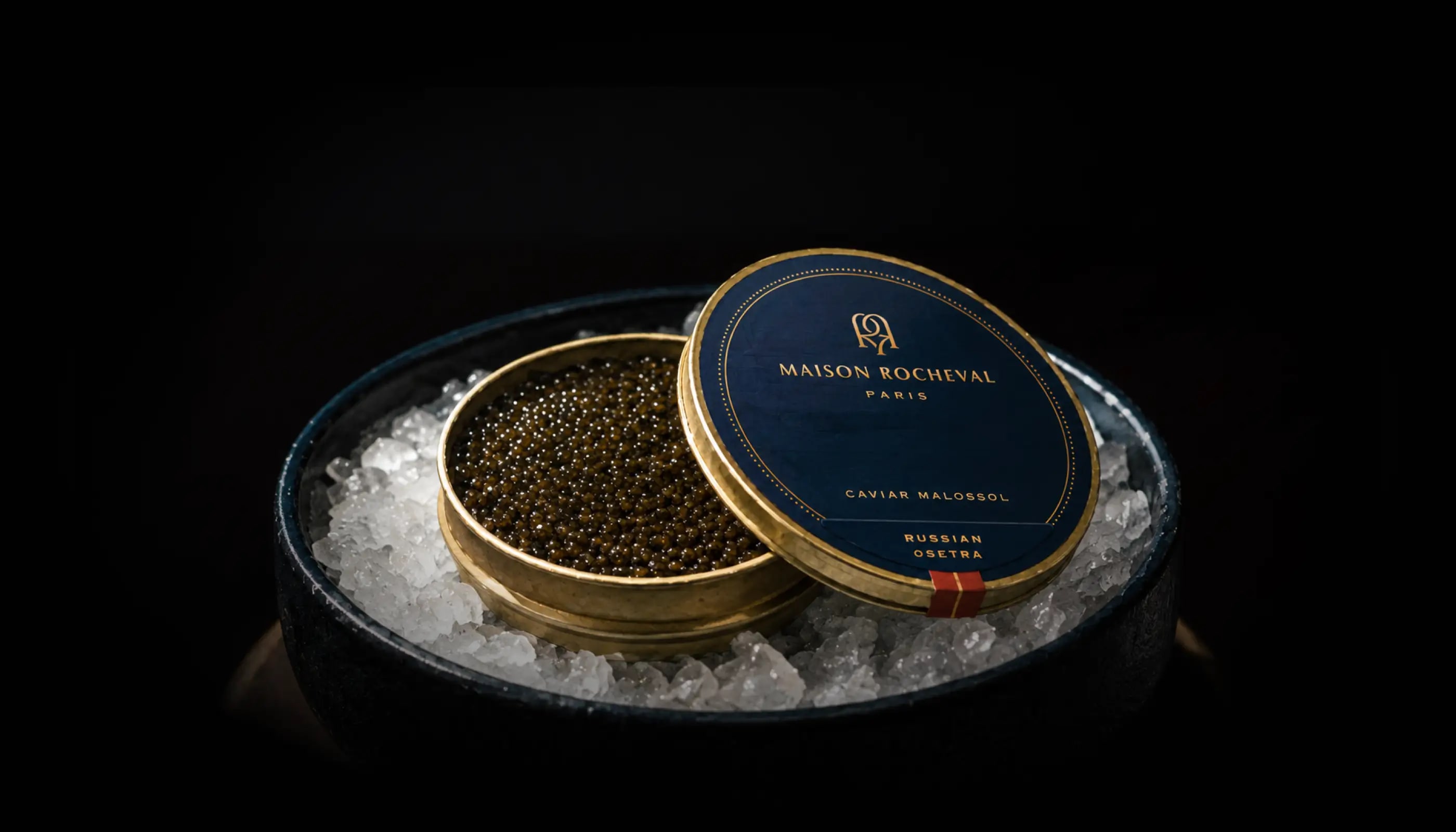 Maison Rocheval caviar tins presented on crushed ice
